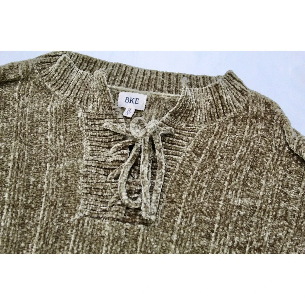 BKE Olive Green Chenille Lace Up Ribbed Sweater PSBK21128 Womens‎ Medium